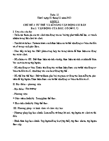 Kế hoạch bài dạy Giáo dục thể chất Lớp 1 (Kết nối tri thức) - Chủ đề 3: Tư thế và kĩ năng vận động cơ bản - Tuần 12, Bài 1: Vận động của đầu, cổ - Năm học 2023-2024 - Trần Thị Long