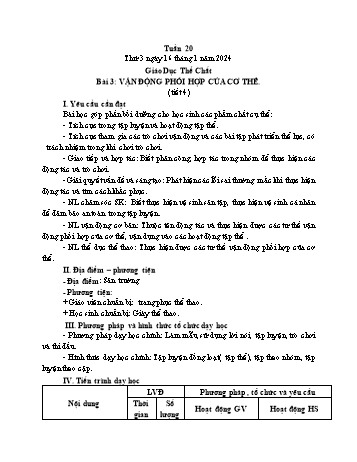 Kế hoạch bài dạy Giáo dục thể chất Lớp 1 (Kết nối tri thức) - Chủ đề 3: Tư thế và kĩ năng vận động cơ bản - Tuần 20, Bài 4: Vận động phối hợp của cơ thể (Tiết 4+5) - Năm học 2023-2024 - Trần Thị Long