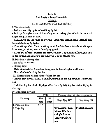 Kế hoạch bài dạy Giáo dục thể chất Lớp 1 (Kết nối tri thức) - Chủ đề 3: Tư thế và kĩ năng vận động cơ bản - Tuần 14, Bài 2: Vận động của tay (Tiết 3, 4) - Năm học 2023-2024 - Trần Thị Long