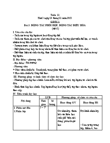 Kế hoạch bài dạy Giáo dục thể chất Lớp 1 (Kết nối tri thức) - Chủ đề 2: Bài thể dục - Tuần 11, Bài 3: Động tác phối hợp, động tác điều hòa - Năm học 2023-2024 - Trần Thị Long