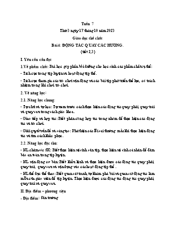 Kế hoạch bài dạy Giáo dục thể chất Lớp 1 (Kết nối tri thức) - Chủ đề 1: Đội hình đội ngũ - Tuần 7, Bài 4: Động tác quay các hướng - Năm học 2023-2024 - Trần Thị Long