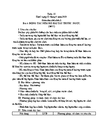 Kế hoạch bài dạy Giáo dục thể chất Lớp 1 (Kết nối tri thức) - Chủ đề 4: Thể thao tự chọn – môn bóng rổ - Tuần 32, Bài 4: Động tác ném rổ hai tay trước ngực (Tiết 3+4) - Năm học 2023-2024 - Trần Thị Long