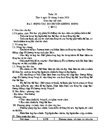 Kế hoạch bài dạy Giáo dục thể chất Lớp 1 (Kết nối tri thức) - Chủ đề 4: Thể thao tự chọn – môn bóng rổ - Tuần 28, Bài 2: Động tác di chuyển không bóng (Tiết 1+2) - Năm học 2022-2023 - Trần Thị Long