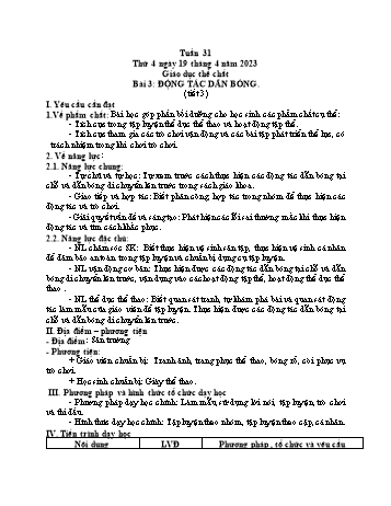 Kế hoạch bài dạy Giáo dục thể chất Lớp 1 (Kết nối tri thức) - Chủ đề 4: Thể thao tự chọn – môn bóng rổ - Tuần 31, Bài 3: Động tác dẫn bóng (Tiết 3+4) - Năm học 2022-2023 - Trần Thị Long