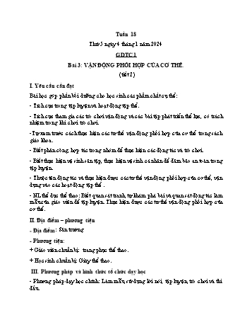 Kế hoạch bài dạy Giáo dục thể chất Lớp 1 (Kết nối tri thức) - Chủ đề 3: Tư thế và kĩ năng vận động cơ bản - Tuần 18, Bài 4: Vận động phối hợp của cơ thể (Tiết 2) - Năm học 2023-2024 - Trần Thị Long