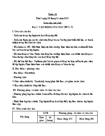 Kế hoạch bài dạy Giáo dục thể chất Lớp 1 (Kết nối tri thức) - Chủ đề 3: Tư thế và kĩ năng vận động cơ bản - Tuần 13, Bài 2: Vận động của tay (Tiết 1+2) - Năm học 2023-2024 - Trần Thị Long