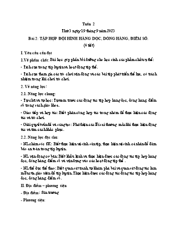 Kế hoạch bài dạy Giáo dục thể chất Lớp 1 (Kết nối tri thức) - Chủ đề 1: Đội hình đội ngũ - Tuần 2, Bài 2: Tập hợp đội hình hàng dọc, dóng hàng, điểm số - Năm học 2023-2024 - Trần Thị Long