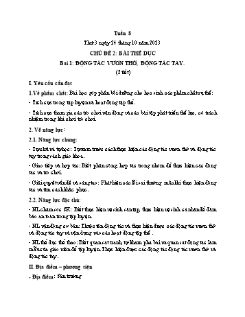 Kế hoạch bài dạy Giáo dục thể chất Lớp 1 (Kết nối tri thức) - Chủ đề 2: Bài thể dục - Tuần 8, Bài 1: Động tác vươn thở, động tác tay - Năm học 2023-2024 - Trần Thị Long