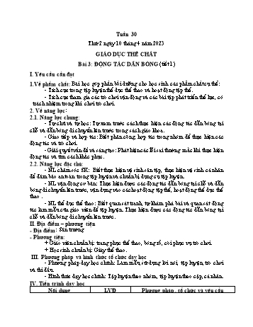 Kế hoạch bài dạy Giáo dục thể chất Lớp 1 (Kết nối tri thức) - Chủ đề 4: Thể thao tự chọn – môn bóng rổ - Tuần 30, Bài 3: Động tác dẫn bóng (Tiết 1+2) - Năm học 2022-2023 - Trần Thị Long