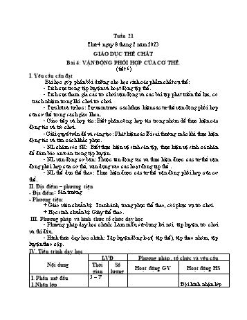 Kế hoạch bài dạy Giáo dục thể chất Lớp 1 (Kết nối tri thức) - Chủ đề 3: Tư thế và kĩ năng vận động cơ bản - Tuần 21, Bài 4+5: Vận động phối hợp của cơ thể - Năm học 2023-2024 - Trần Thị Long