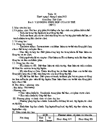 Kế hoạch bài dạy Giáo dục thể chất Lớp 1 (Kết nối tri thức) - Chủ đề 3: Tư thế và kĩ năng vận động cơ bản - Tuần 20, Bài 3: Vận động phối hợp của cơ thể (Tiết 3+4) - Năm học 2022-2023 - Trần Thị Long