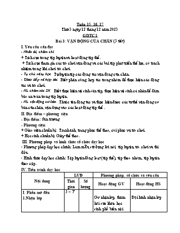 Kế hoạch bài dạy Giáo dục thể chất Lớp 1 (Kết nối tri thức) - Chủ đề 3: Tư thế và kĩ năng vận động cơ bản - Tuần 15+16, Bài 3: Vận động của chân - Năm học 2023-2024 - Trần Thị Long