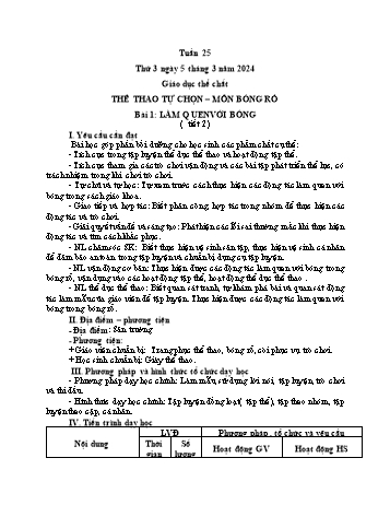 Kế hoạch bài dạy Giáo dục thể chất Lớp 1 (Kết nối tri thức) - Chủ đề 4: Thể thao tự chọn – môn bóng rổ - Tuần 25, Bài 1: Làm quen với bóng (Tiết 2+3) - Năm học 2023-2024 - Trần Thị Long