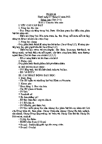 Kế hoạch bài dạy Lớp 2 - Tuần 16 - Năm học 2021-2022 - Đặng Thị Cẩm Thành