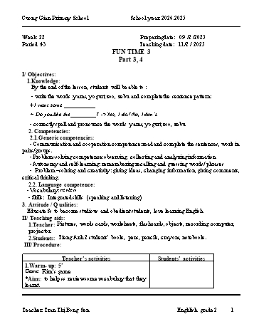 Kế hoạch bài dạy Tiếng Anh Lớp 2 (Global Success) - Fun time 3 - Week 22, Part 3, 4 - Năm học 2024-2025 - Tran Thi Bong Sen