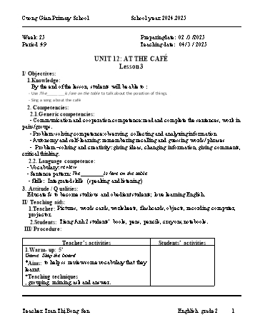 Kế hoạch bài dạy Tiếng Anh Lớp 2 (Global Success) - Unit 12: At the café - Week 25, Lesson 3 - Năm học 2024-2025 - Tran Thi Bong Sen
