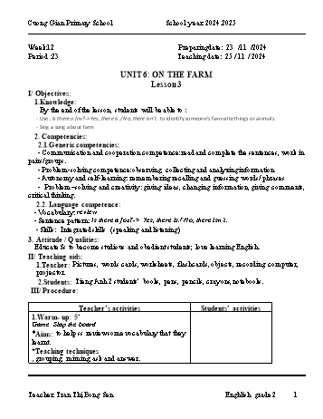 Kế hoạch bài dạy Tiếng Anh Lớp 2 (Global Success) - Unit 6: On the farm - Week 12, Lesson 3 - Năm học 2024-2025 - Tran Thi Bong Sen