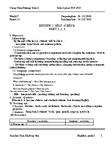 Kế hoạch bài dạy Tiếng Anh Lớp 2 (Global Success) - Week 17, Review 2: Self –check - Part 1, 2, 3 - Năm học 2024-2025 - Tran Thi Bong Sen