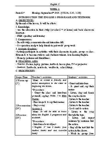 Kế hoạch bài dạy Tiếng Anh Lớp 3 (Global Success) - Tuần 1 - Năm học 2024-2025 - Phạm Thị Kim Khánh
