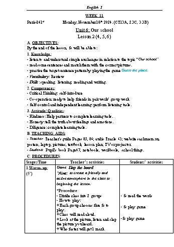 Kế hoạch bài dạy Tiếng Anh Lớp 3 (Global Success) - Tuần 11 - Năm học 2024-2025 - Phạm Thị Kim Khánh