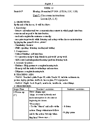 Kế hoạch bài dạy Tiếng Anh Lớp 3 (Global Success) - Tuần 12 - Năm học 2024-2025 - Phạm Thị Kim Khánh