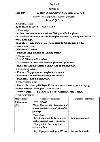 Kế hoạch bài dạy Tiếng Anh Lớp 3 (Global Success) - Tuần 13 - Năm học 2024-2025 - Phạm Thị Kim Khánh