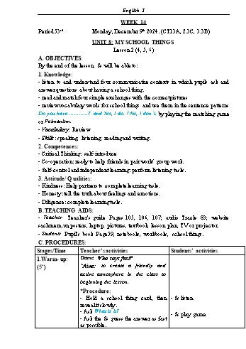 Kế hoạch bài dạy Tiếng Anh Lớp 3 (Global Success) - Tuần 14 - Năm học 2024-2025 - Phạm Thị Kim Khánh