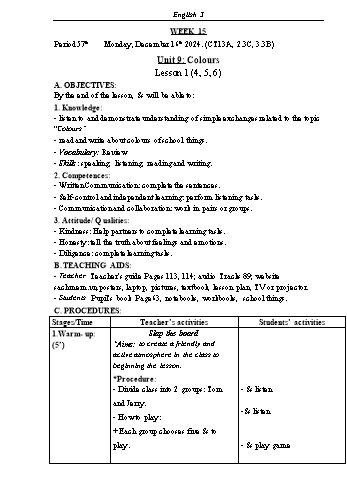 Kế hoạch bài dạy Tiếng Anh Lớp 3 (Global Success) - Tuần 15 - Năm học 2024-2025 - Phạm Thị Kim Khánh
