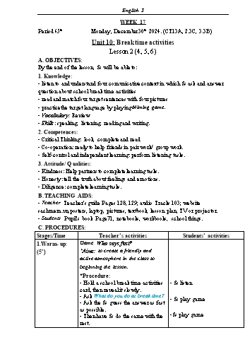 Kế hoạch bài dạy Tiếng Anh Lớp 3 (Global Success) - Tuần 17 - Năm học 2024-2025 - Phạm Thị Kim Khánh
