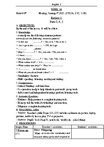 Kế hoạch bài dạy Tiếng Anh Lớp 3 (Global Success) - Tuần 18 - Năm học 2024-2025 - Phạm Thị Kim Khánh