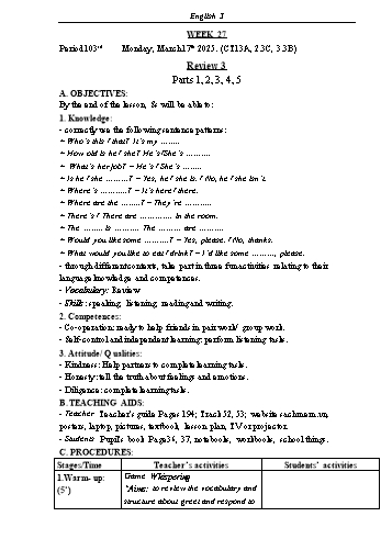 Kế hoạch bài dạy Tiếng Anh Lớp 3 (Global Success) - Tuần 27 - Năm học 2024-2025 - Phạm Thị Kim Khánh