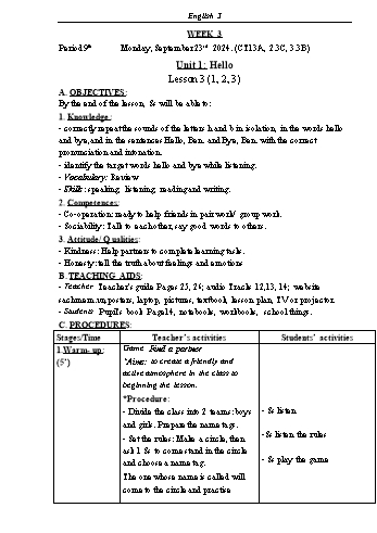 Kế hoạch bài dạy Tiếng Anh Lớp 3 (Global Success) - Tuần 3 - Năm học 2024-2025 - Phạm Thị Kim Khánh