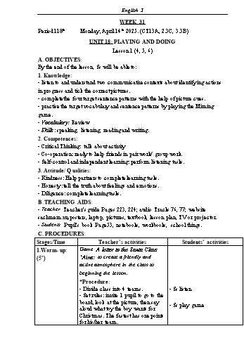Kế hoạch bài dạy Tiếng Anh Lớp 3 (Global Success) - Tuần 31 - Năm học 2024-2025 - Phạm Thị Kim Khánh