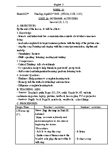Kế hoạch bài dạy Tiếng Anh Lớp 3 (Global Success) - Tuần 32 - Năm học 2023-2024 - Phạm Thị Kim Khánh