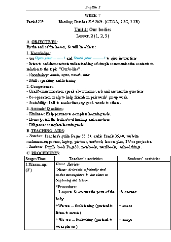 Kế hoạch bài dạy Tiếng Anh Lớp 3 (Global Success) - Tuần 7 - Năm học 2024-2025 - Phạm Thị Kim Khánh
