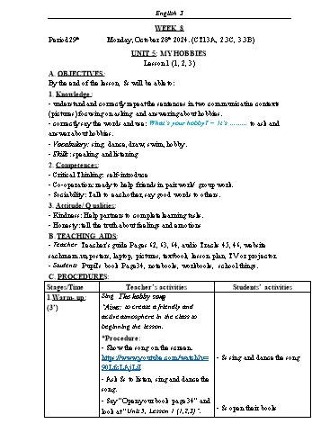 Kế hoạch bài dạy Tiếng Anh Lớp 3 (Global Success) - Tuần 8 - Năm học 2024-2025 - Phạm Thị Kim Khánh