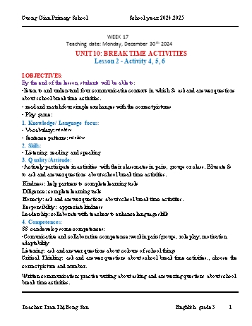 Kế hoạch bài dạy Tiếng Anh Lớp 3 (Global Success) - Unit 10: Break time activities - Week 17, Lesson 1: Activity 4, 5, 6 - Năm học 2024-2025 - Tran Thi Bong Sen