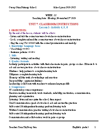 Kế hoạch bài dạy Tiếng Anh Lớp 3 (Global Success) - Unit 7: Classroom instructions - Week 12, Lesson 1: Activity 4, 5, 6 - Năm học 2024-2025 - Tran Thi Bong Sen