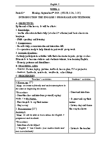 Kế hoạch bài dạy Tiếng Anh Lớp 5 (Global Success) - Tuần 1 - Năm học 2024-2025 - Phạm Thị Kim Khánh