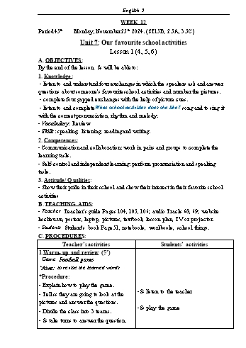 Kế hoạch bài dạy Tiếng Anh Lớp 5 (Global Success) - Tuần 12 - Năm học 2024-2025 - Phạm Thị Kim Khánh