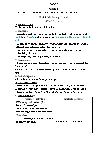 Kế hoạch bài dạy Tiếng Anh Lớp 5 (Global Success) - Tuần 6 - Năm học 2024-2025 - Phạm Thị Kim Khánh