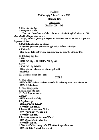 Kế hoạch bài dạy Tiếng Việt Lớp 1 - Tuần 8 - Năm học 2021-2022 - Lê Thị Thu Hằng