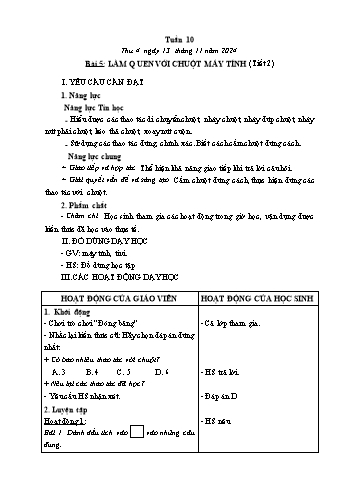 Kế hoạch bài dạy Tin học Lớp 1, 2 - Tuần 10, Bài 5: Làm quen với chuột máy tính (Tiết 2) - Năm học 2024-2025 - Trần Thị Long