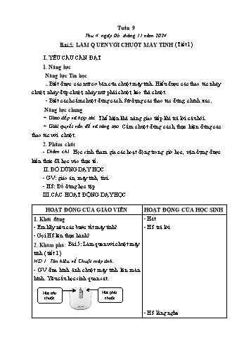 Kế hoạch bài dạy Tin học Lớp 1, 2 - Tuần 9, Bài 5: Làm quen với chuột máy tính (Tiết 1) - Năm học 2024-2025 - Trần Thị Long