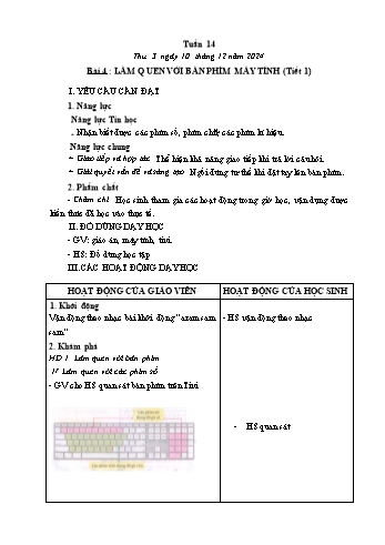 Kế hoạch bài dạy Tin học Lớp 1 - Tuần 14, Bài 4: Làm quen với bàn phím máy tính (Tiết 1) - Năm học 2024-2025 - Trần Thị Long