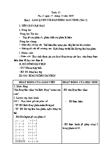 Kế hoạch bài dạy Tin học Lớp 1 - Tuần 15, Bài 4: Làm quen với bàn phím máy tính (Tiết 2) - Năm học 2024-2025 - Trần Thị Long