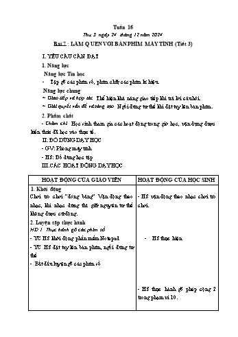 Kế hoạch bài dạy Tin học Lớp 1 - Tuần 15, Bài 4: Làm quen với bàn phím máy tính (Tiết 3) - Năm học 2024-2025 - Trần Thị Long