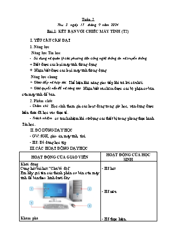 Kế hoạch bài dạy Tin học Lớp 1 - Tuần 2, Bài 1: Kết bạn với chiếc máy tính (Tiết 2) - Năm học 2024-2025 - Trần Thị Long
