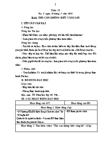 Kế hoạch bài dạy Tin học Lớp 1 - Tuần 23, Bài 9: Thỏ con không biết vâng lời - Năm học 2024-2025 - Trần Thị Long