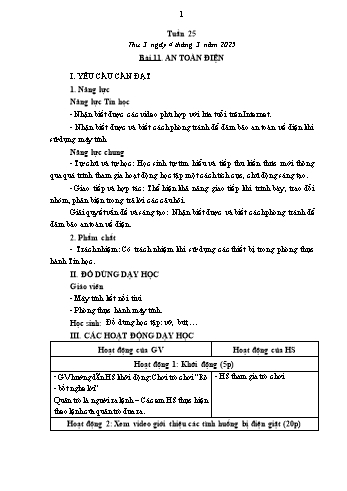 Kế hoạch bài dạy Tin học Lớp 1 - Tuần 25, Bài 11: An toàn điện - Năm học 2024-2025 - Trần Thị Long